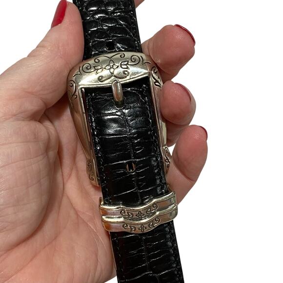 Dark brown & black reversible belt moc croc texture braided silver buckle 30" - Picture 6 of 9